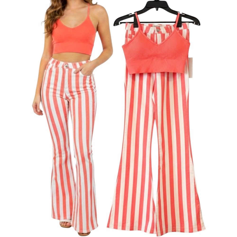 Festival‎ OUTFIT Peach Love Coral White Bell Bottoms & Matching Coral Crop Top